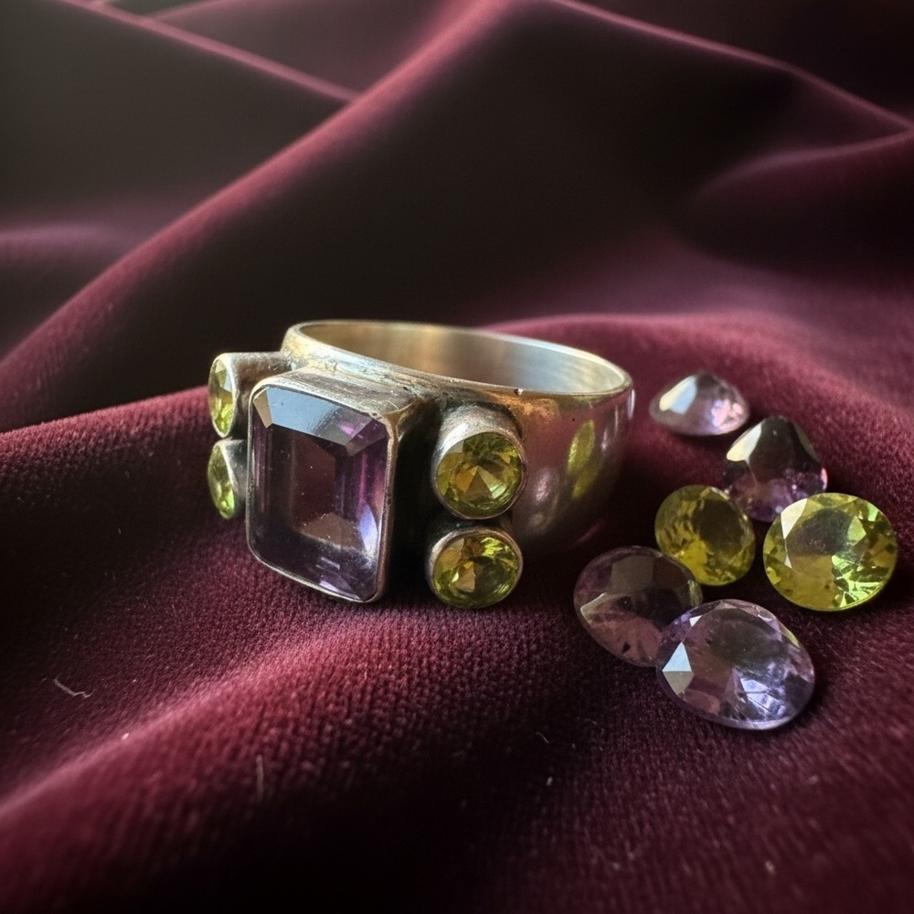 Geometric Nicky ButlerSterling Silver Purple and Green Gemstone Statement Ring - Picture 5 of 7